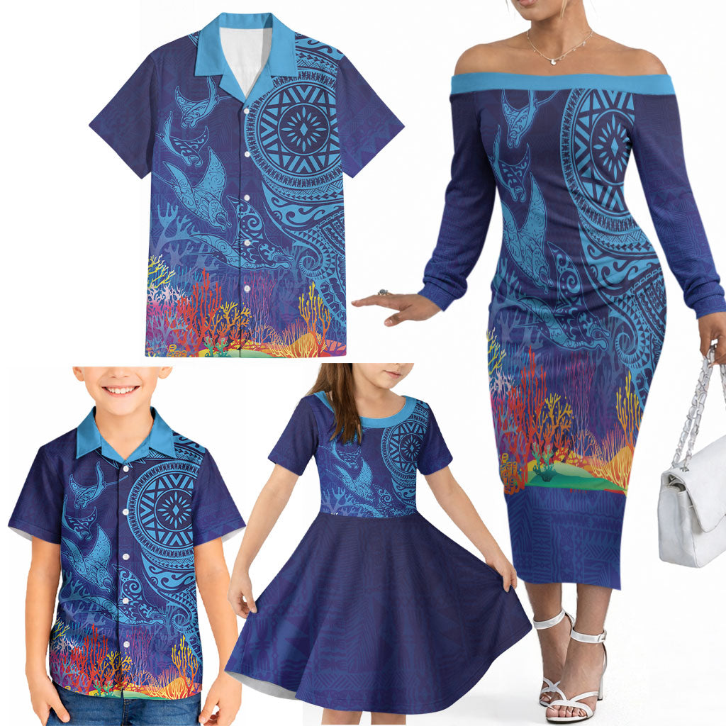 Fijian Tribal Manta Ray Family Matching Off The Shoulder Long Sleeve Dress and Hawaiian Shirt Masi Motif with Coral Reef Ocean Vibe LT03 - Polynesian Pride