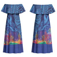 Fijian Tribal Manta Ray Family Matching Off Shoulder Maxi Dress and Hawaiian Shirt Masi Motif with Coral Reef Ocean Vibe LT03 Mom's Dress Blue - Polynesian Pride