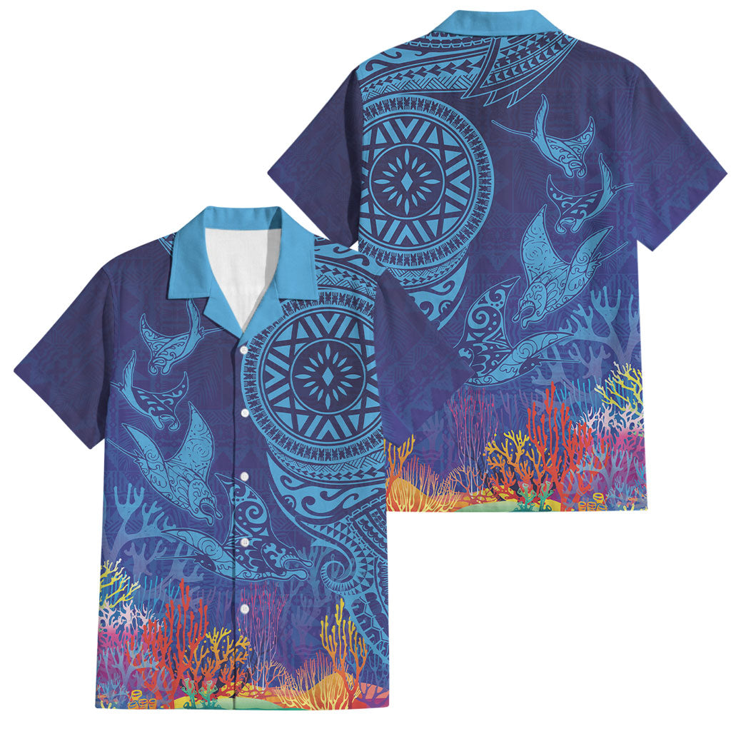 Fijian Tribal Manta Ray Family Matching Off Shoulder Maxi Dress and Hawaiian Shirt Masi Motif with Coral Reef Ocean Vibe LT03 Dad's Shirt - Short Sleeve Blue - Polynesian Pride