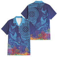 Fijian Tribal Manta Ray Family Matching Off Shoulder Maxi Dress and Hawaiian Shirt Masi Motif with Coral Reef Ocean Vibe LT03 Dad's Shirt - Short Sleeve Blue - Polynesian Pride