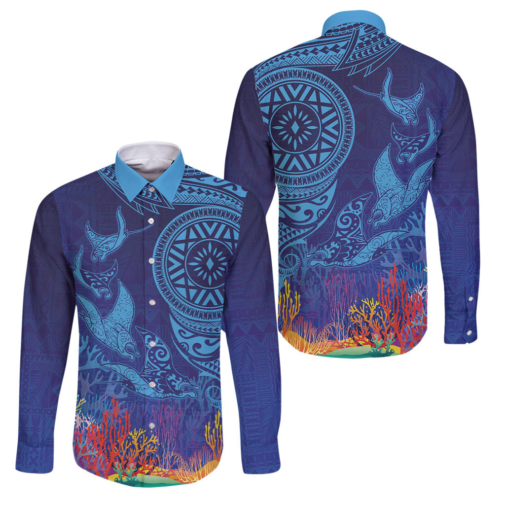 Fijian Tribal Manta Ray Family Matching Off Shoulder Maxi Dress and Hawaiian Shirt Masi Motif with Coral Reef Ocean Vibe LT03 Dad's Shirt - Long Sleeve Blue - Polynesian Pride