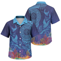 Fijian Tribal Manta Ray Family Matching Off Shoulder Maxi Dress and Hawaiian Shirt Masi Motif with Coral Reef Ocean Vibe LT03 Son's Shirt Blue - Polynesian Pride