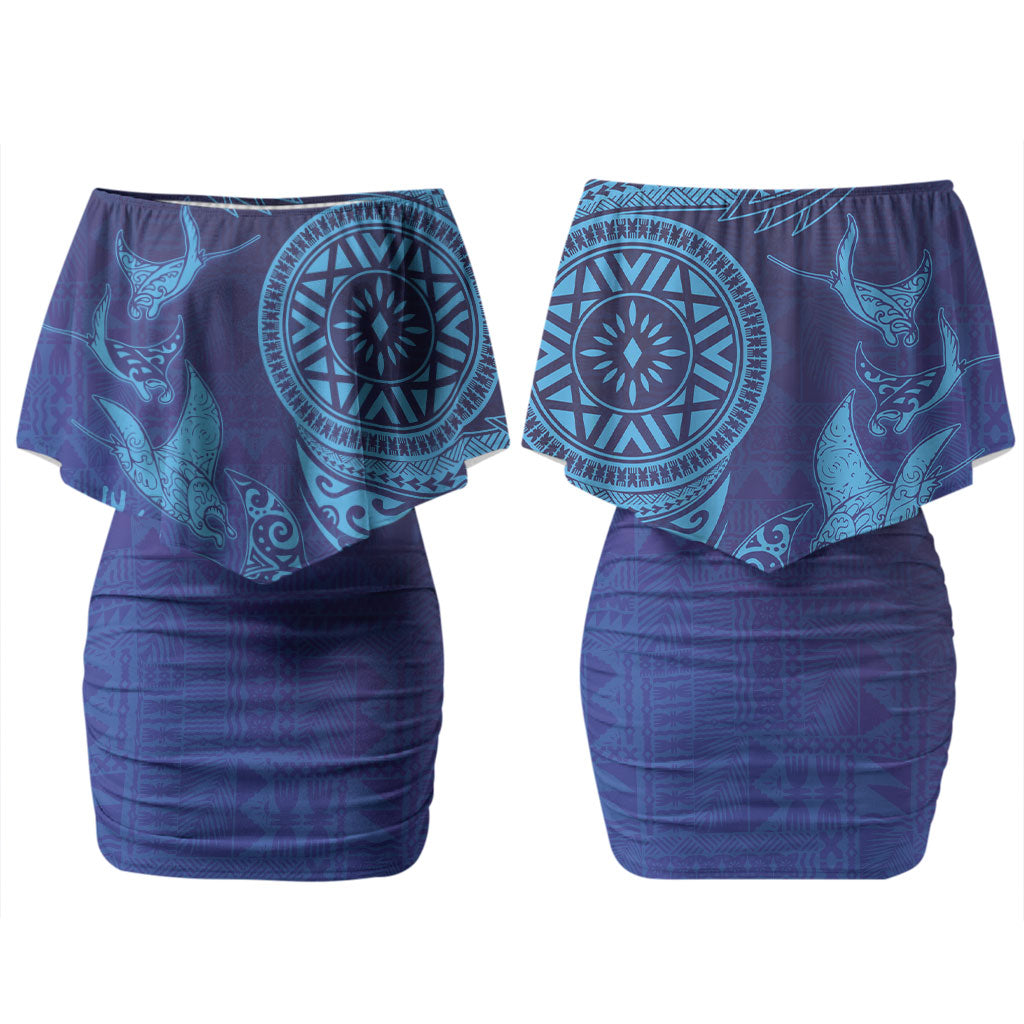 Fijian Tribal Manta Ray Family Matching Off Shoulder Short Dress and Hawaiian Shirt Masi Motif with Coral Reef Ocean Vibe LT03 Mom's Dress Blue - Polynesian Pride