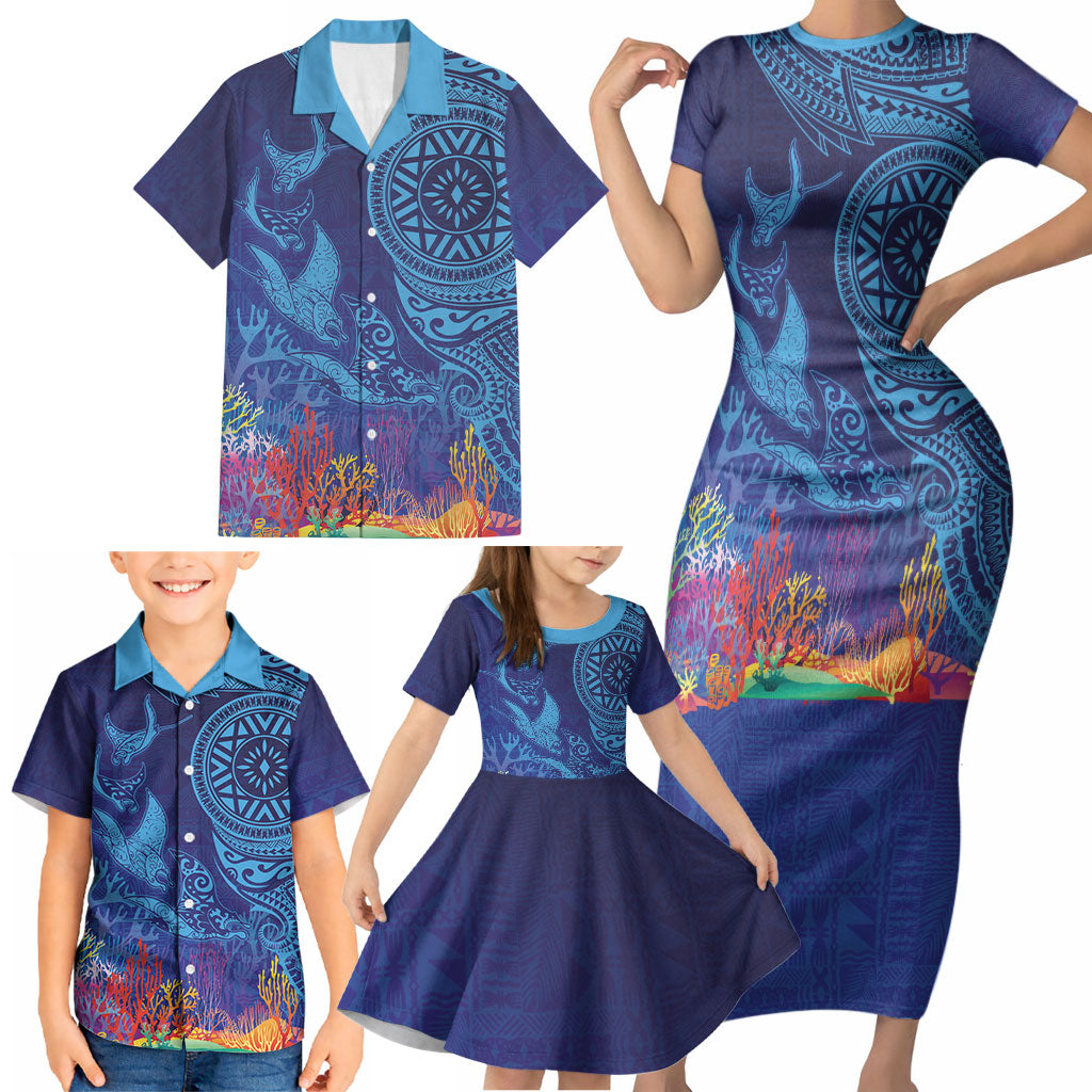 Fijian Tribal Manta Ray Family Matching Short Sleeve Bodycon Dress and Hawaiian Shirt Masi Motif with Coral Reef Ocean Vibe LT03 - Polynesian Pride