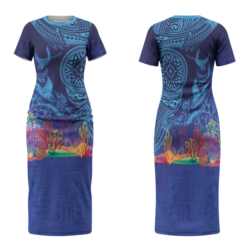 Fijian Tribal Manta Ray Family Matching Short Sleeve Bodycon Dress and Hawaiian Shirt Masi Motif with Coral Reef Ocean Vibe LT03 Mom's Dress Blue - Polynesian Pride