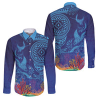 Fijian Tribal Manta Ray Family Matching Short Sleeve Bodycon Dress and Hawaiian Shirt Masi Motif with Coral Reef Ocean Vibe LT03 Dad's Shirt - Long Sleeve Blue - Polynesian Pride