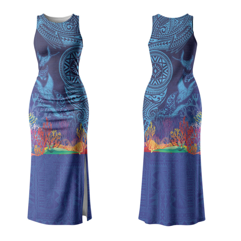 Fijian Tribal Manta Ray Family Matching Tank Maxi Dress and Hawaiian Shirt Masi Motif with Coral Reef Ocean Vibe LT03 Mom's Dress Blue - Polynesian Pride