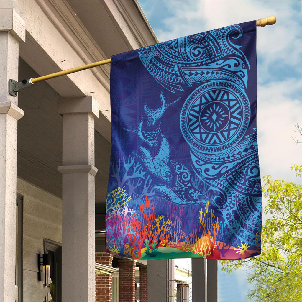 Fijian Tribal Manta Ray Garden Flag Masi Motif with Coral Reef Ocean Vibe LT03 House Flag Blue - Polynesian Pride
