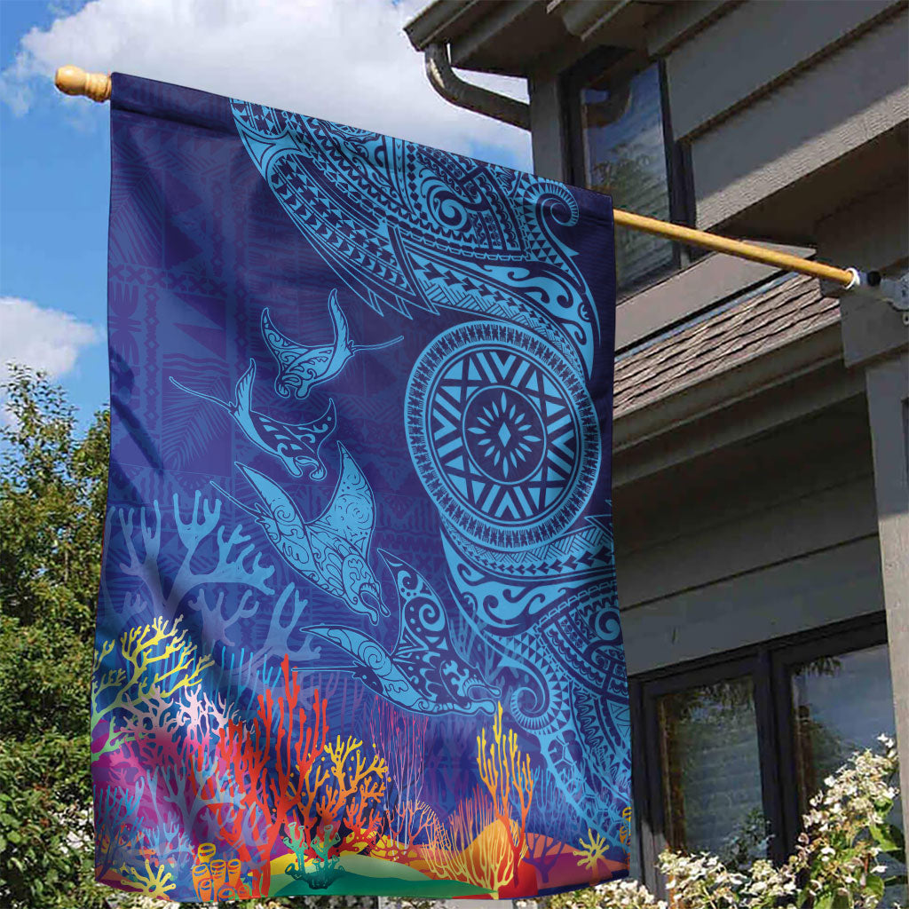 Fijian Tribal Manta Ray Garden Flag Masi Motif with Coral Reef Ocean Vibe LT03 - Polynesian Pride