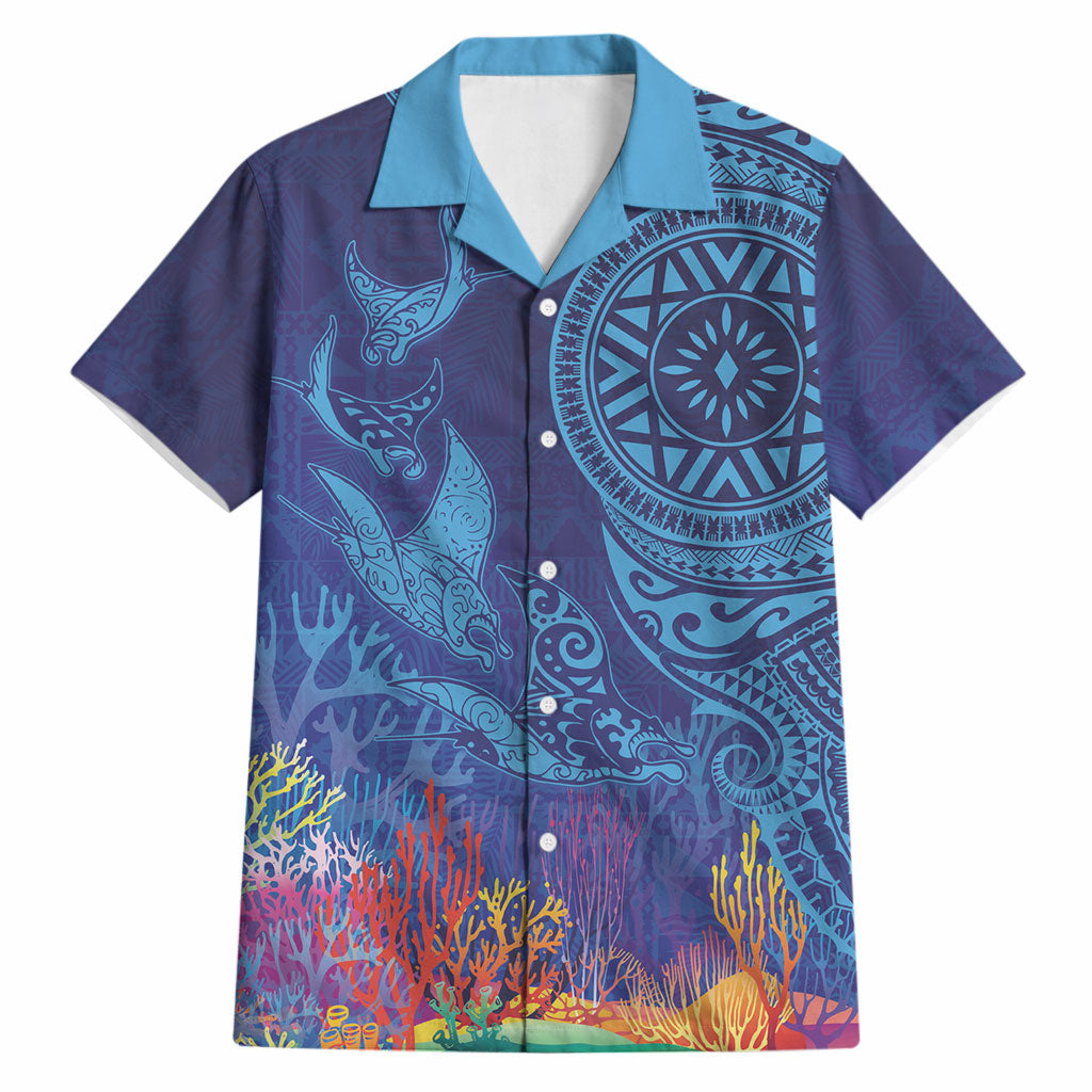 Fijian Tribal Manta Ray Hawaiian Shirt Masi Motif with Coral Reef Ocean Vibe LT03 Blue - Polynesian Pride