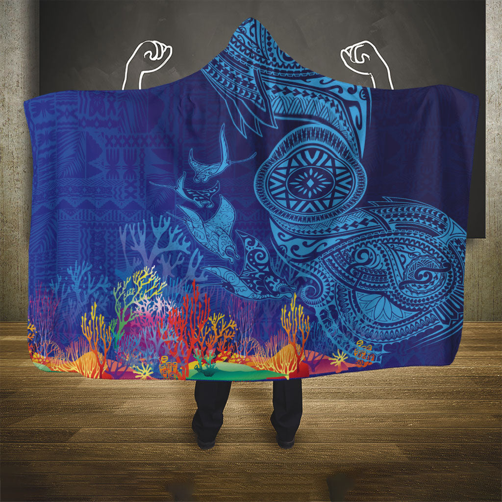 Fijian Tribal Manta Ray Hooded Blanket Masi Motif with Coral Reef Ocean Vibe LT03 - Polynesian Pride