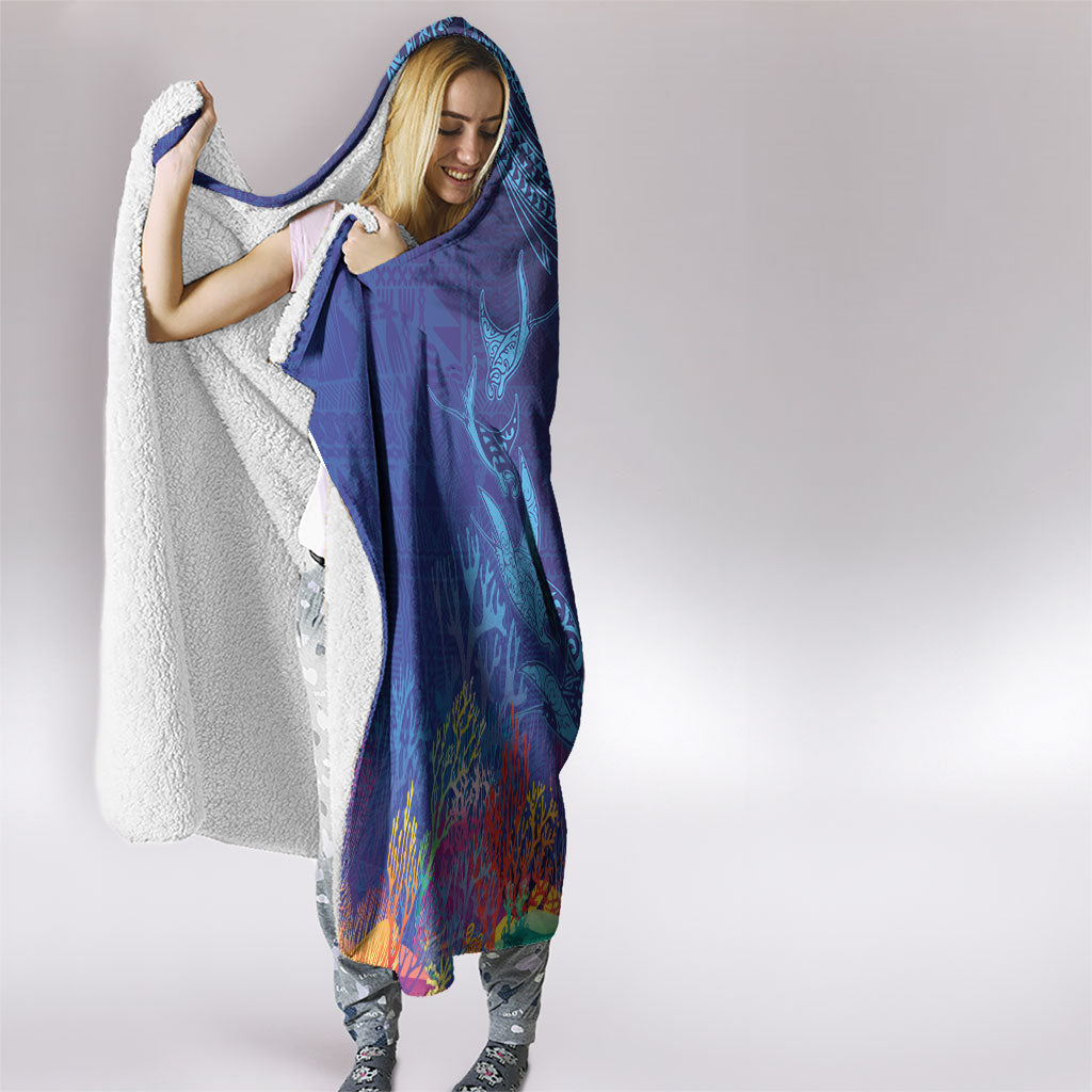 Fijian Tribal Manta Ray Hooded Blanket Masi Motif with Coral Reef Ocean Vibe LT03 - Polynesian Pride