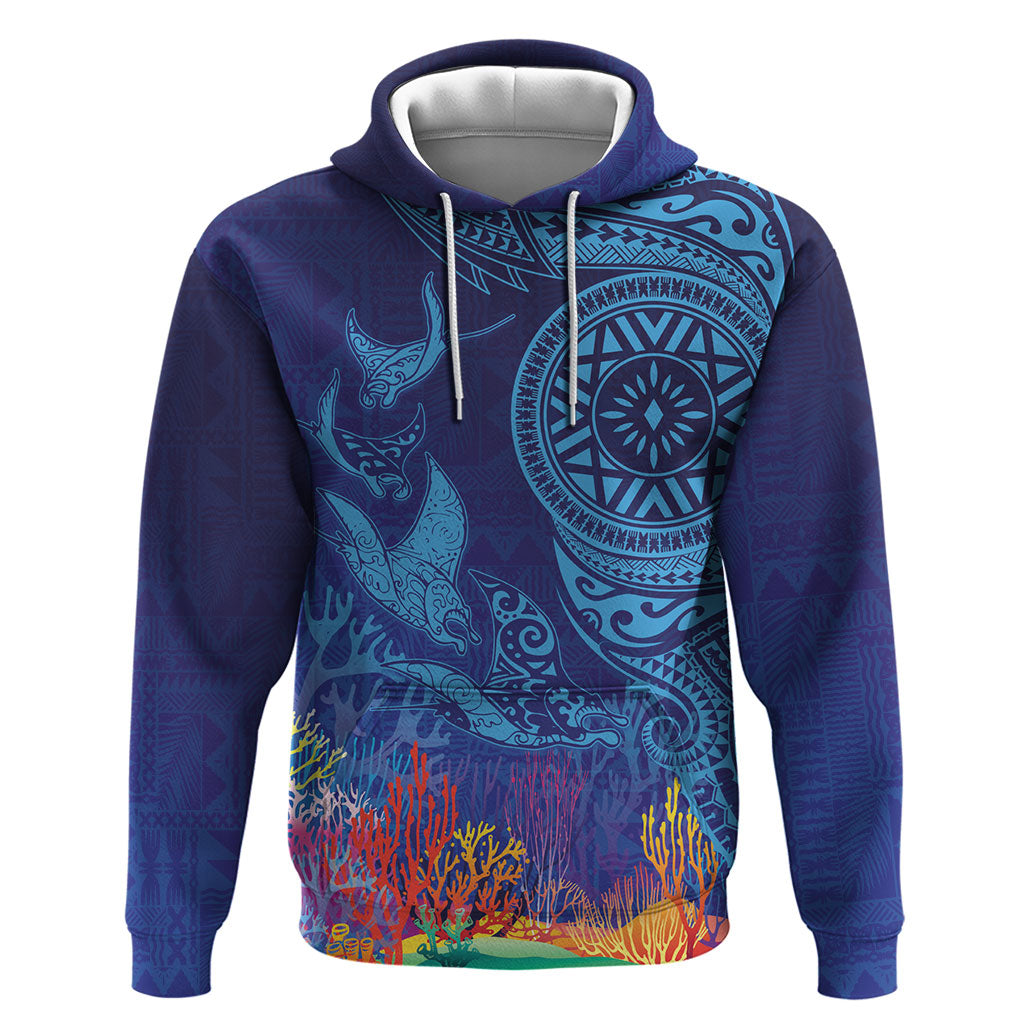 Fijian Tribal Manta Ray Hoodie Masi Motif with Coral Reef Ocean Vibe LT03 Pullover Hoodie Blue - Polynesian Pride