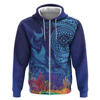 Fijian Tribal Manta Ray Hoodie Masi Motif with Coral Reef Ocean Vibe LT03 Zip Hoodie Blue - Polynesian Pride