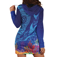 Fijian Tribal Manta Ray Hoodie Dress Masi Motif with Coral Reef Ocean Vibe LT03 - Polynesian Pride