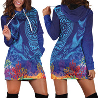 Fijian Tribal Manta Ray Hoodie Dress Masi Motif with Coral Reef Ocean Vibe LT03 - Polynesian Pride