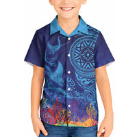 Fijian Tribal Manta Ray Kid Hawaiian Shirt Masi Motif with Coral Reef Ocean Vibe LT03 Kid Blue - Polynesian Pride