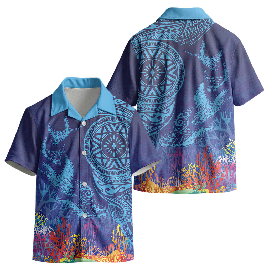 Fijian Tribal Manta Ray Kid Hawaiian Shirt Masi Motif with Coral Reef Ocean Vibe LT03 - Polynesian Pride