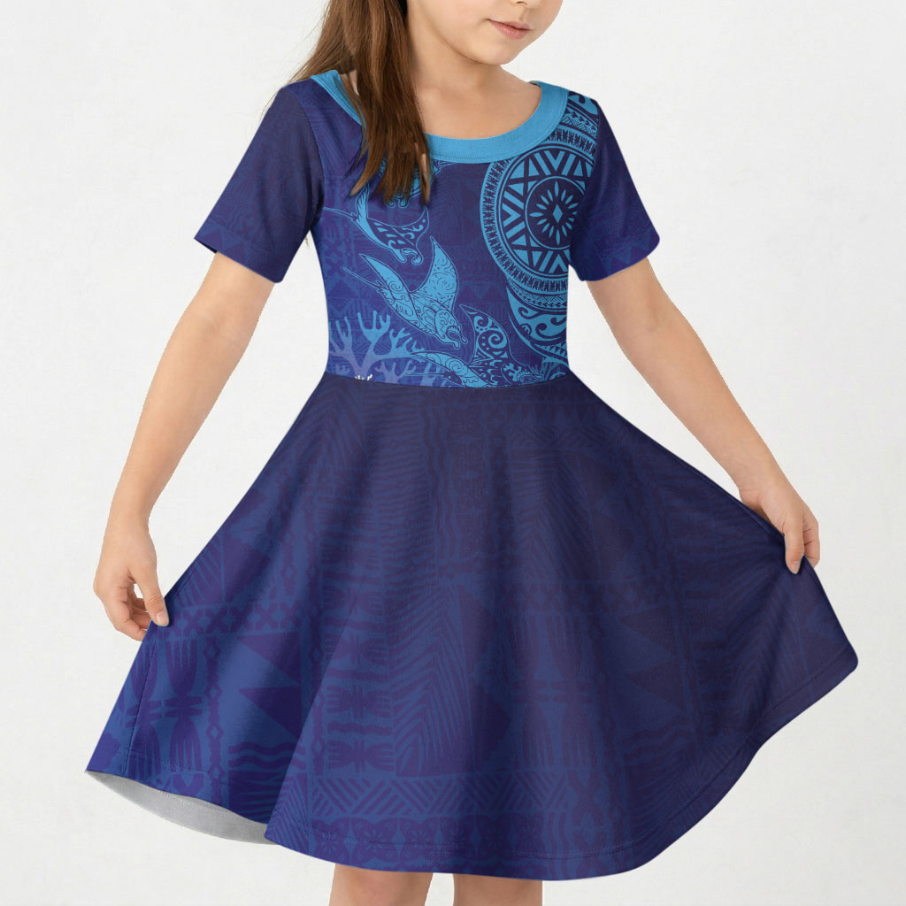 Fijian Tribal Manta Ray Kid Short Sleeve Dress Masi Motif with Coral Reef Ocean Vibe LT03 KID Blue - Polynesian Pride
