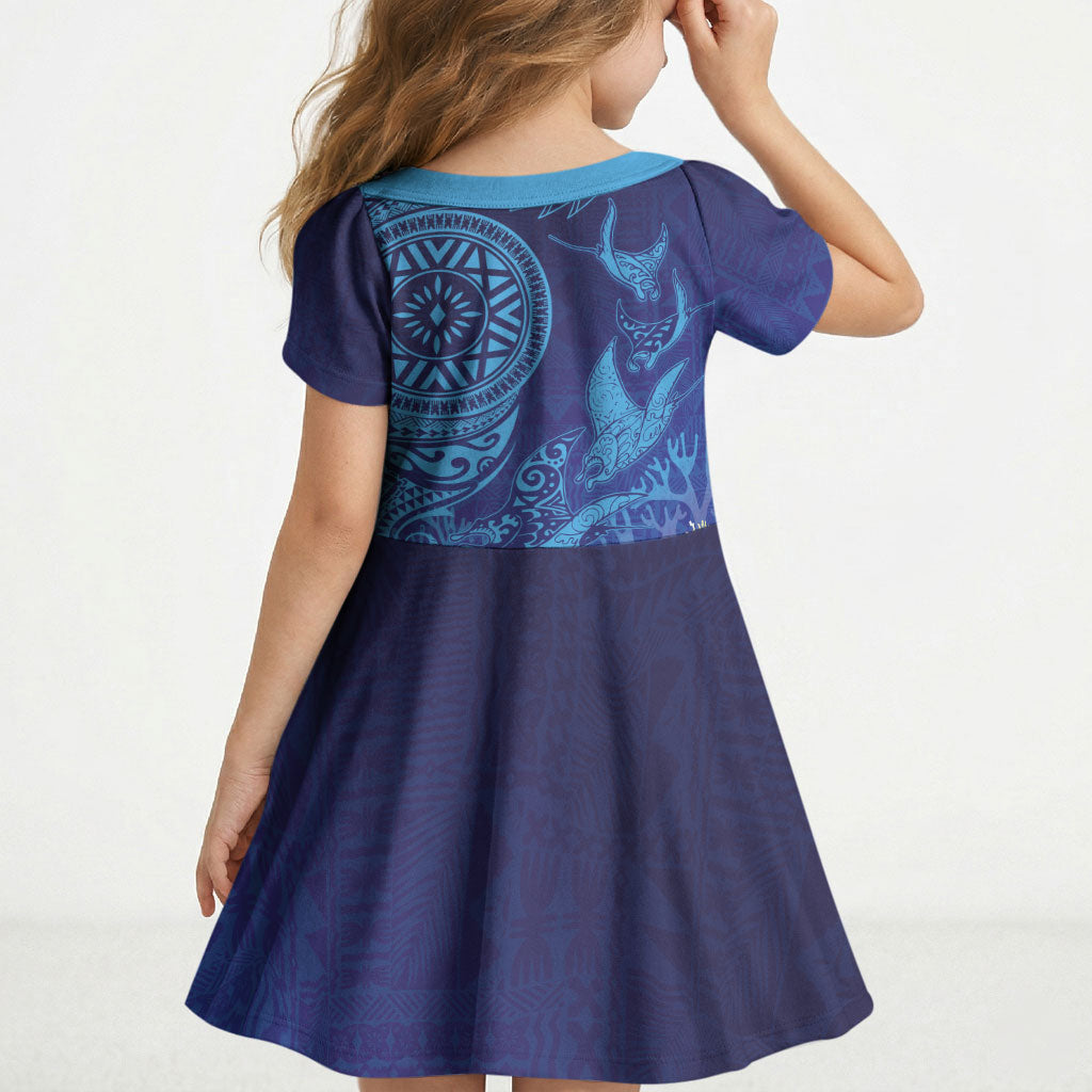 Fijian Tribal Manta Ray Kid Short Sleeve Dress Masi Motif with Coral Reef Ocean Vibe LT03 - Polynesian Pride
