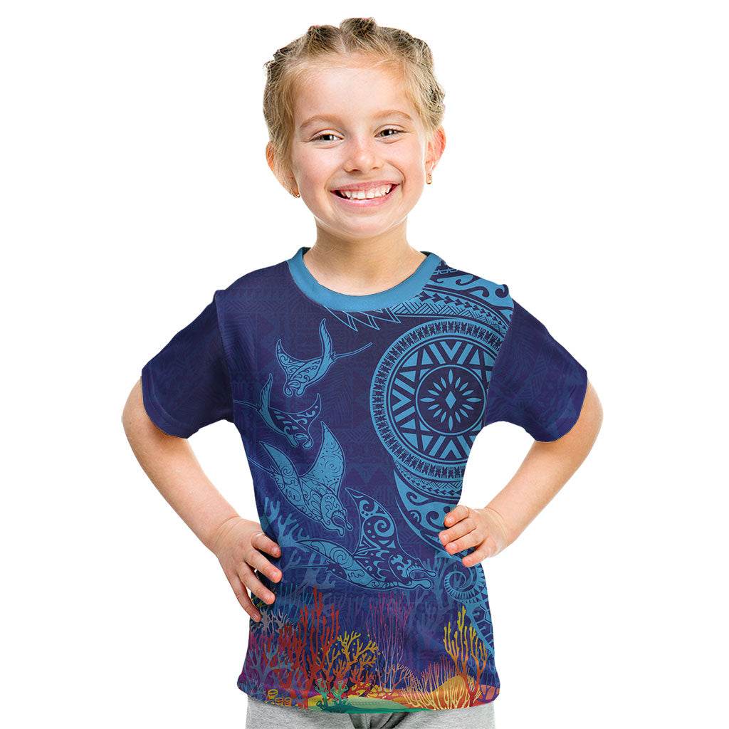 Fijian Tribal Manta Ray Kid T Shirt Masi Motif with Coral Reef Ocean Vibe LT03 Blue - Polynesian Pride