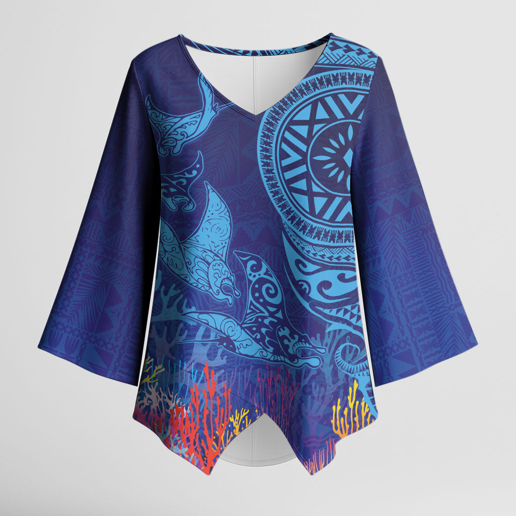 Fijian Tribal Manta Ray Kimono Sleeve Blouse Masi Motif with Coral Reef Ocean Vibe LT03 Female Blue - Polynesian Pride
