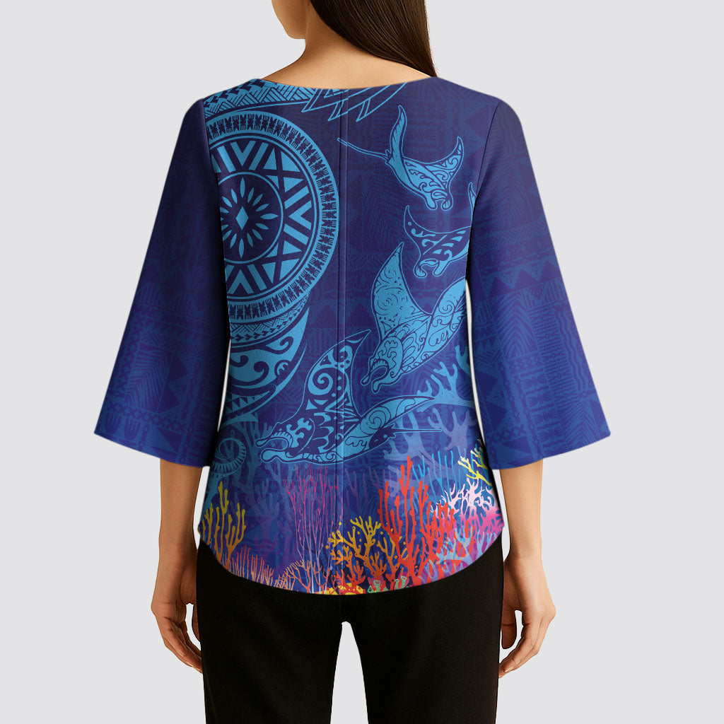 Fijian Tribal Manta Ray Kimono Sleeve Blouse Masi Motif with Coral Reef Ocean Vibe LT03 - Polynesian Pride