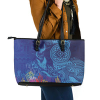 Fijian Tribal Manta Ray Leather Tote Bag Masi Motif with Coral Reef Ocean Vibe LT03 - Polynesian Pride