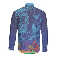 Fijian Tribal Manta Ray Long Sleeve Button Shirt Masi Motif with Coral Reef Ocean Vibe LT03 - Polynesian Pride