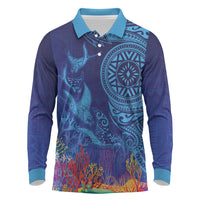 Fijian Tribal Manta Ray Long Sleeve Polo Shirt Masi Motif with Coral Reef Ocean Vibe LT03 Blue - Polynesian Pride