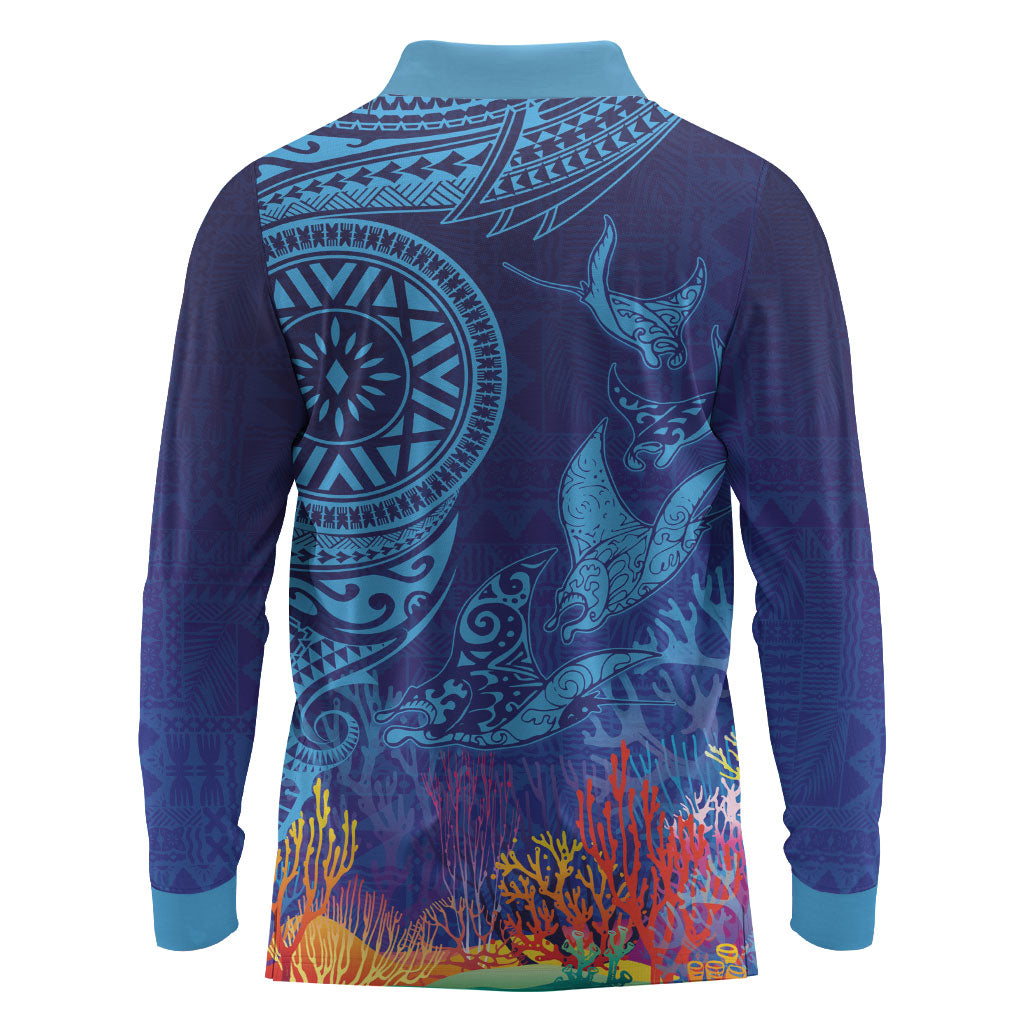 Fijian Tribal Manta Ray Long Sleeve Polo Shirt Masi Motif with Coral Reef Ocean Vibe LT03 - Polynesian Pride