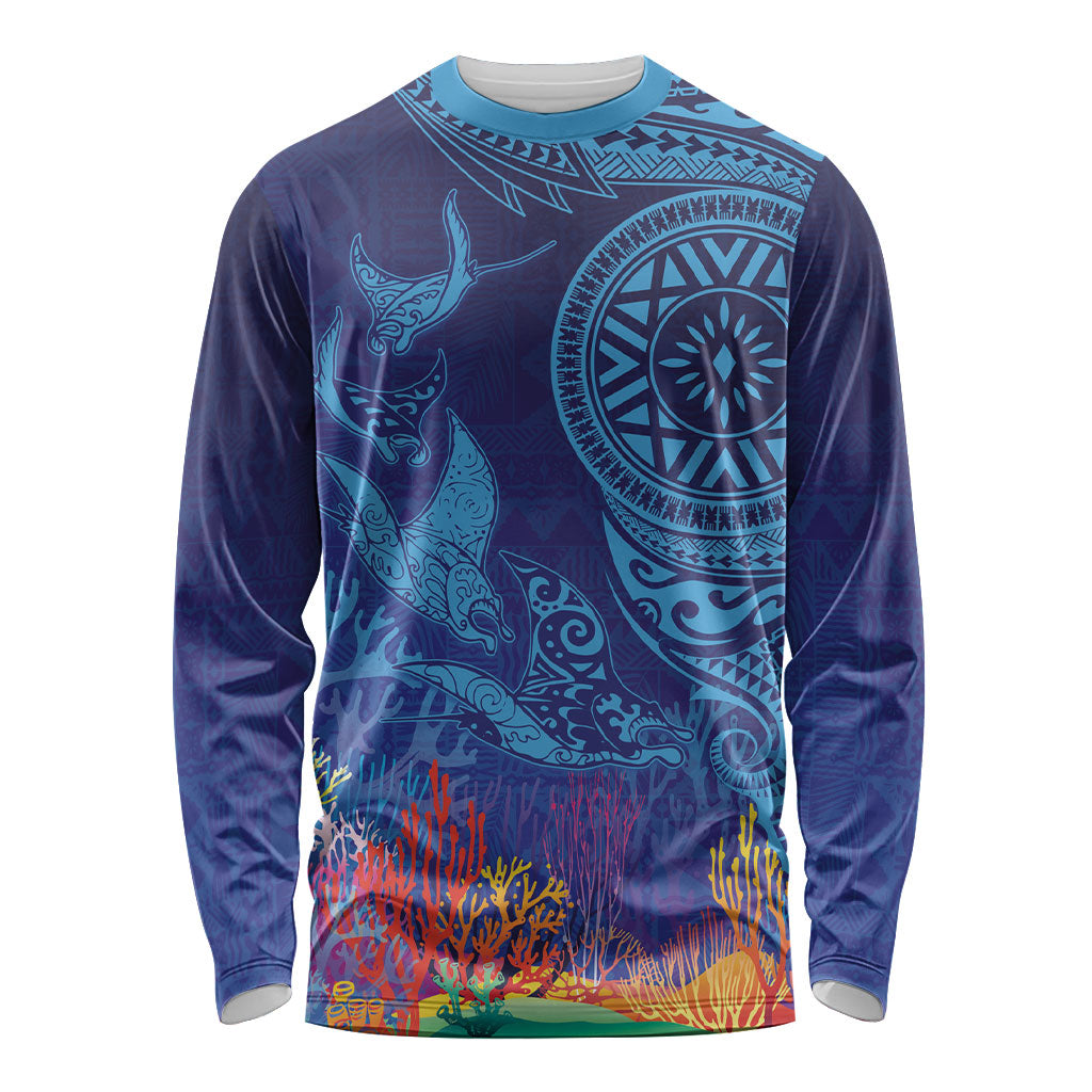 Fijian Tribal Manta Ray Long Sleeve Shirt Masi Motif with Coral Reef Ocean Vibe LT03 Unisex Blue - Polynesian Pride