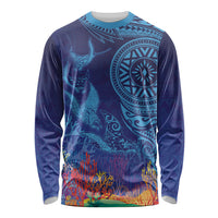 Fijian Tribal Manta Ray Long Sleeve Shirt Masi Motif with Coral Reef Ocean Vibe LT03 Unisex Blue - Polynesian Pride