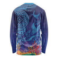 Fijian Tribal Manta Ray Long Sleeve Shirt Masi Motif with Coral Reef Ocean Vibe LT03 - Polynesian Pride