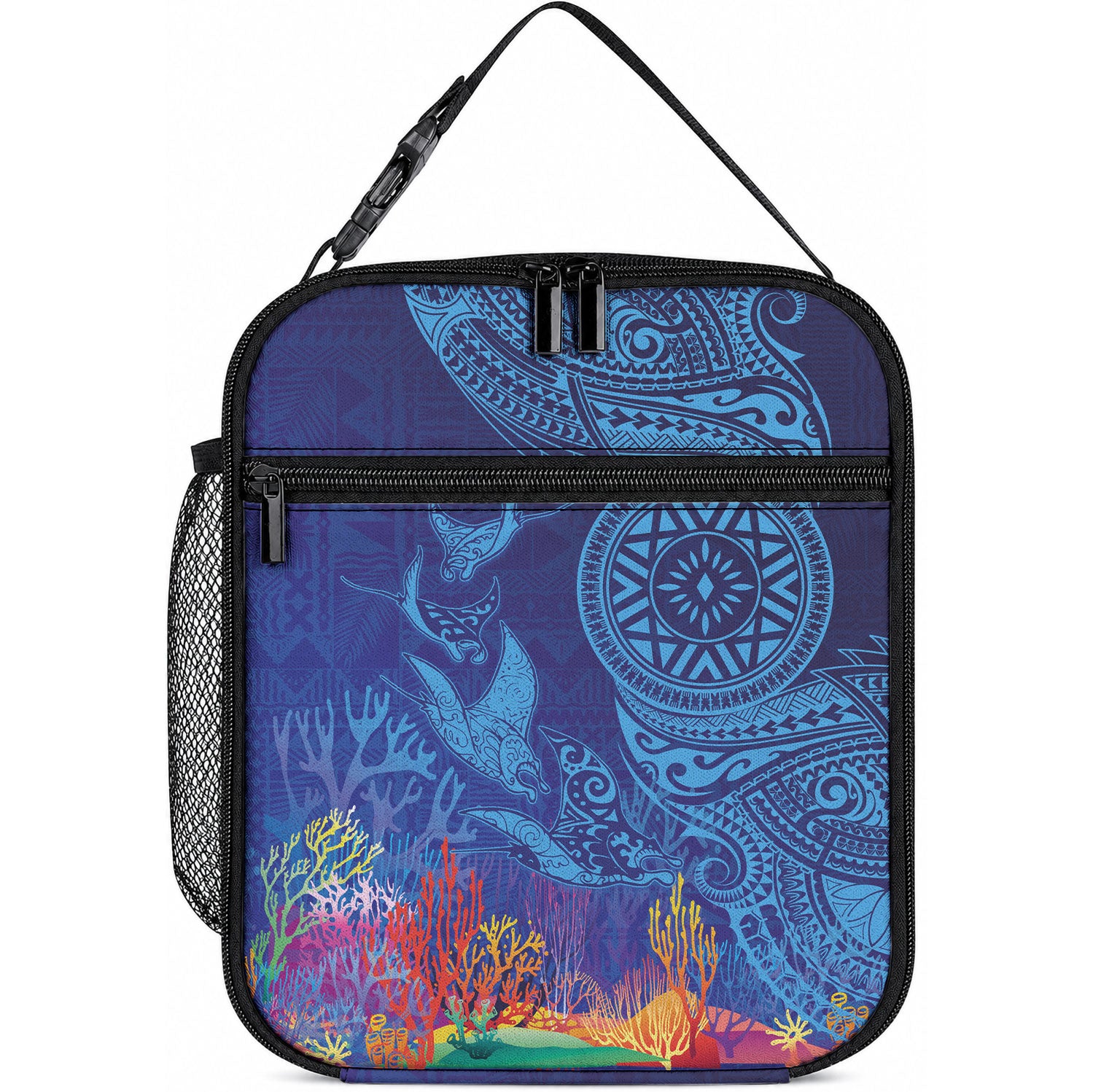 Fijian Tribal Manta Ray Lunch Bag Masi Motif with Coral Reef Ocean Vibe LT03 10.2 × 8.3 × 4.3 inch Blue - Polynesian Pride