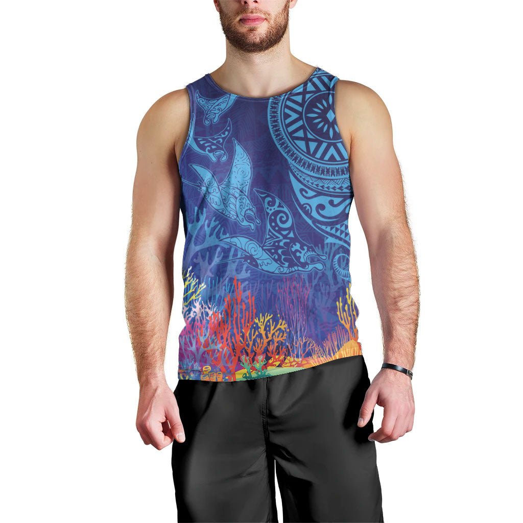 Fijian Tribal Manta Ray Men Tank Top Masi Motif with Coral Reef Ocean Vibe LT03 - Polynesian Pride