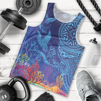 Fijian Tribal Manta Ray Men Tank Top Masi Motif with Coral Reef Ocean Vibe LT03 - Polynesian Pride