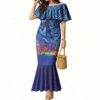 Fijian Tribal Manta Ray Mermaid Dress Masi Motif with Coral Reef Ocean Vibe LT03 Women Blue - Polynesian Pride