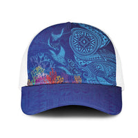 Fijian Tribal Manta Ray Mesh Trucker Cap Masi Motif with Coral Reef Ocean Vibe LT03 One Size White Blue - Polynesian Pride
