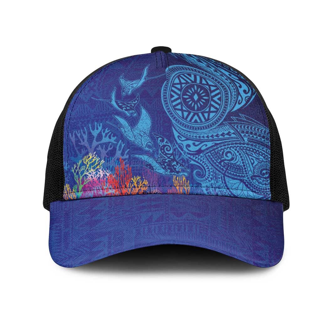 Fijian Tribal Manta Ray Mesh Trucker Cap Masi Motif with Coral Reef Ocean Vibe LT03 One Size Black Blue - Polynesian Pride