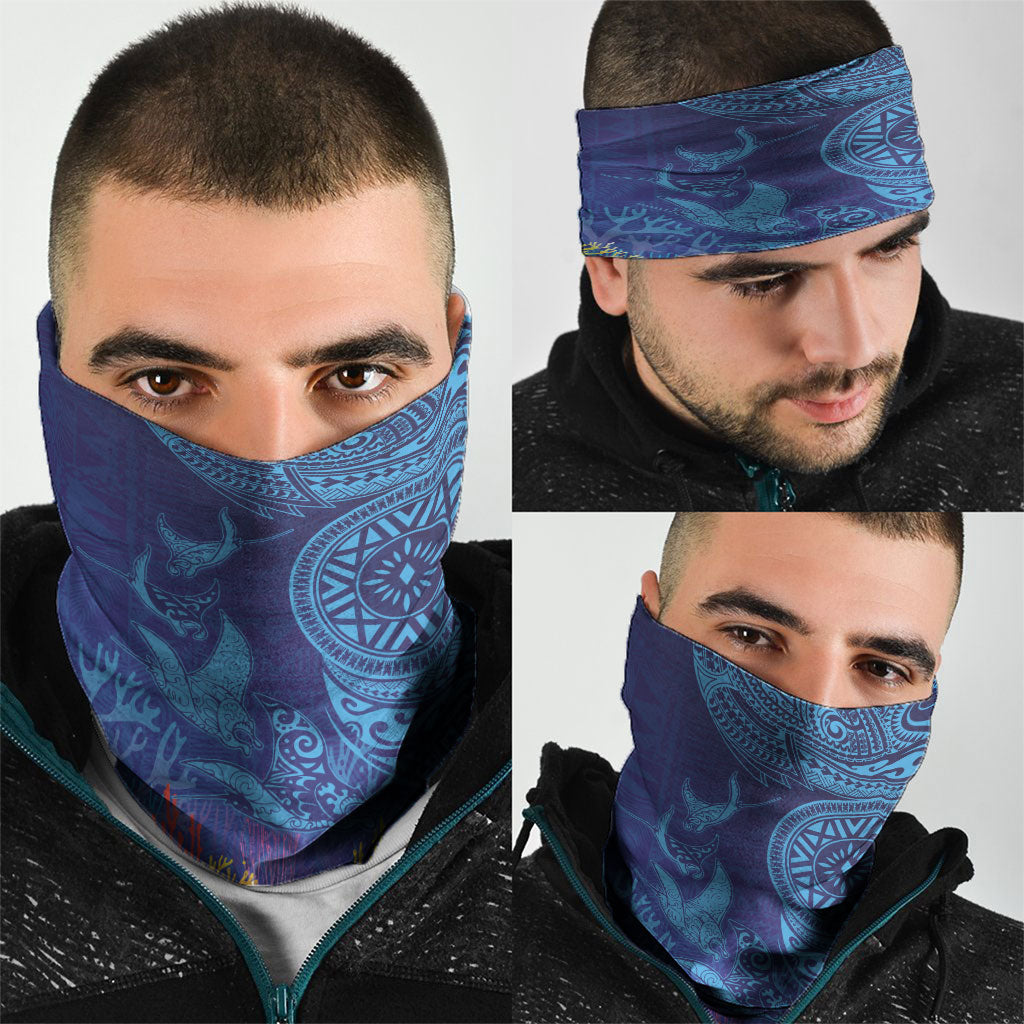 Fijian Tribal Manta Ray Neck Gaiter Masi Motif with Coral Reef Ocean Vibe LT03 - Polynesian Pride