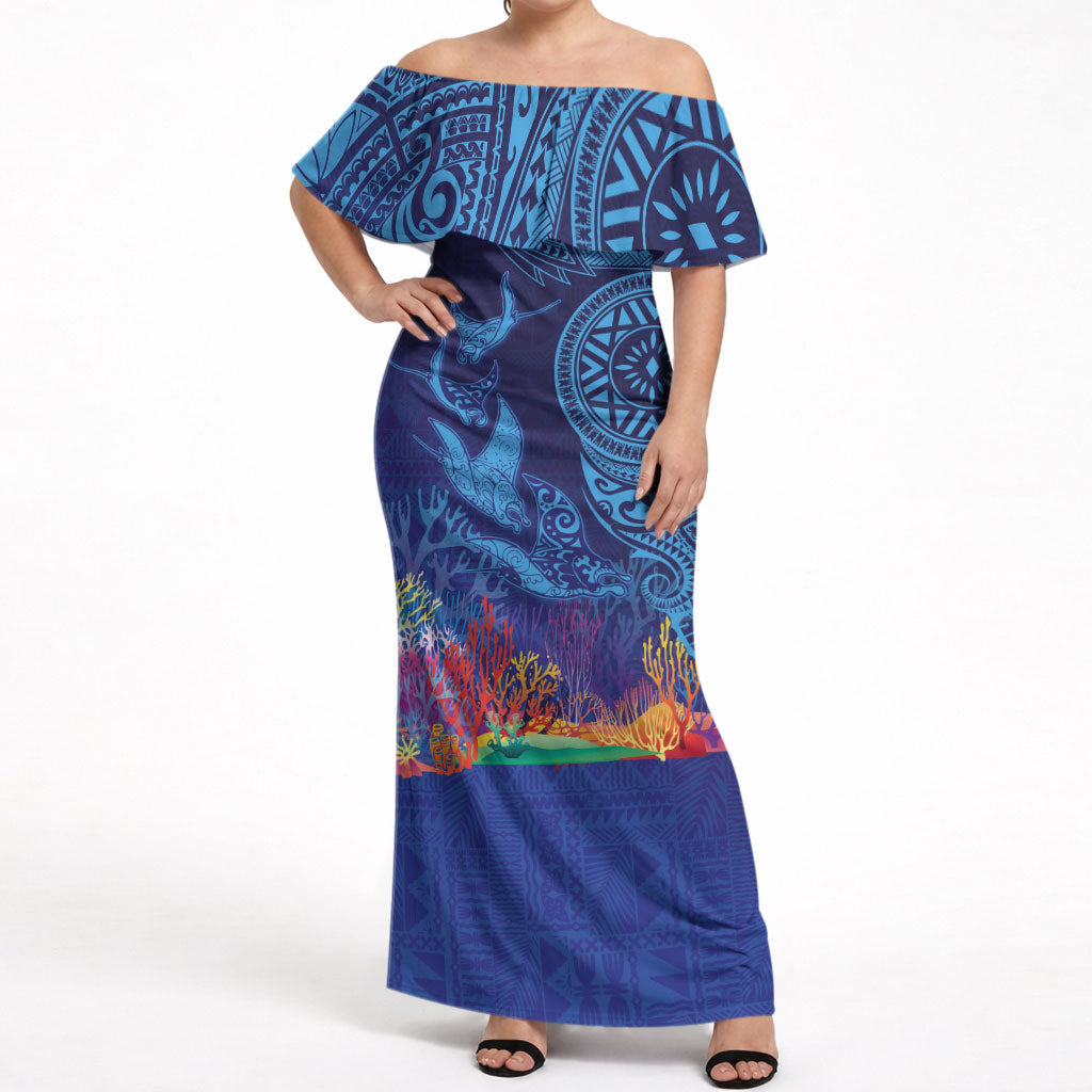 Fijian Tribal Manta Ray Off Shoulder Maxi Dress Masi Motif with Coral Reef Ocean Vibe LT03 Women Blue - Polynesian Pride