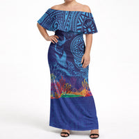 Fijian Tribal Manta Ray Off Shoulder Maxi Dress Masi Motif with Coral Reef Ocean Vibe LT03 Women Blue - Polynesian Pride