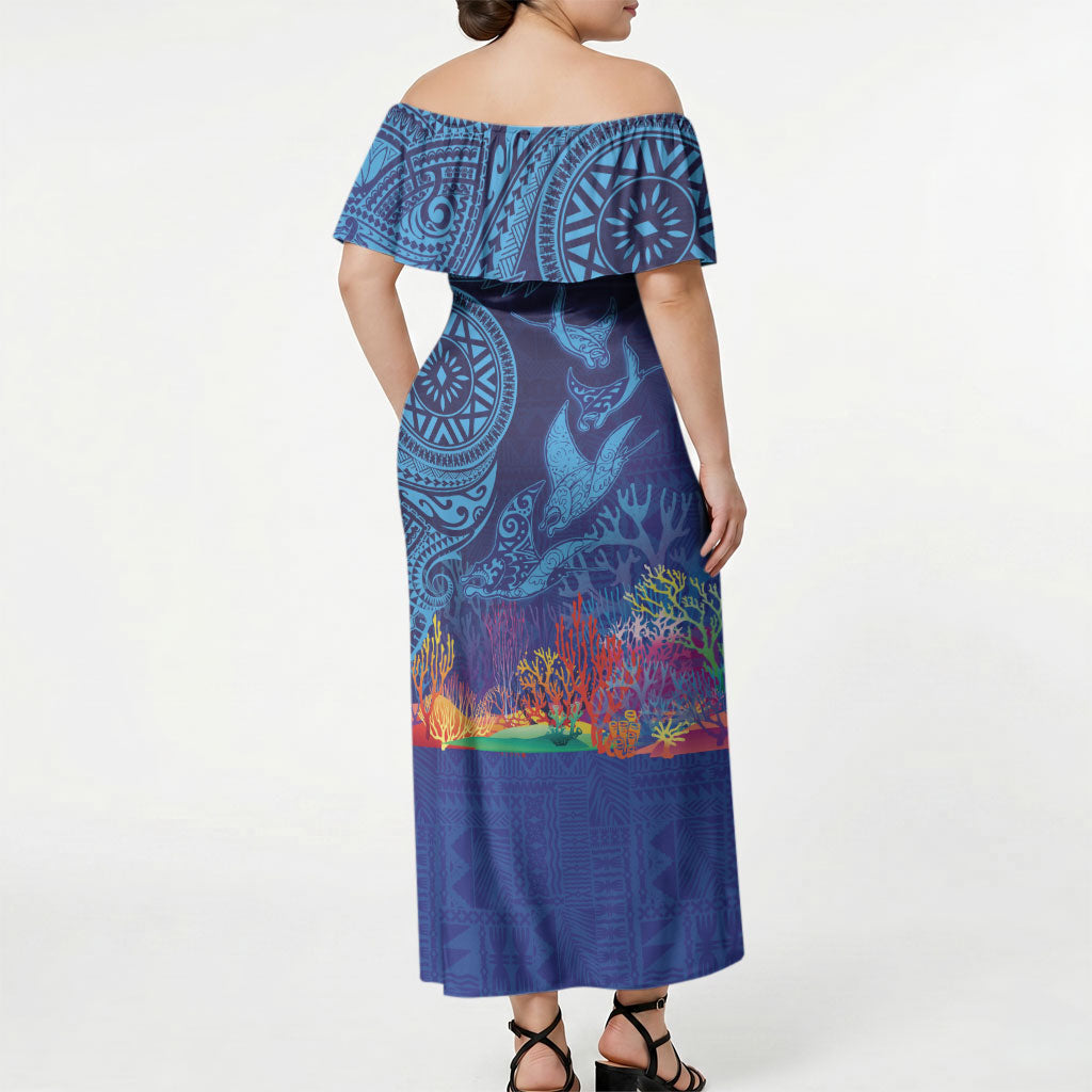 Fijian Tribal Manta Ray Off Shoulder Maxi Dress Masi Motif with Coral Reef Ocean Vibe LT03 - Polynesian Pride