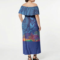 Fijian Tribal Manta Ray Off Shoulder Maxi Dress Masi Motif with Coral Reef Ocean Vibe LT03 - Polynesian Pride