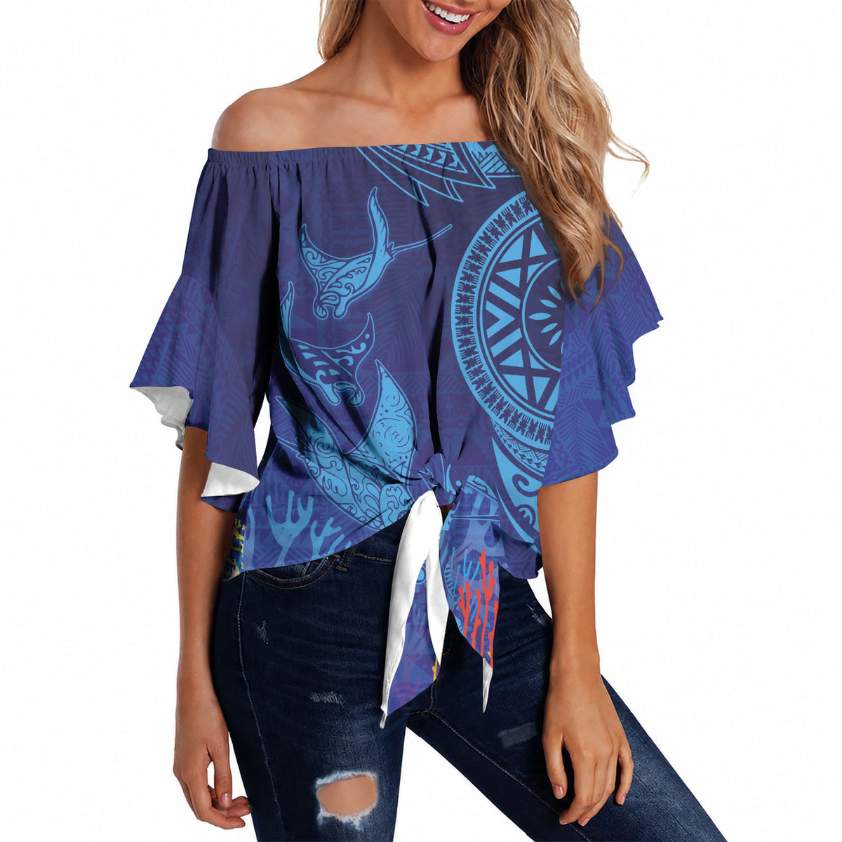 Fijian Tribal Manta Ray Off Shoulder Wrap Waist Top Masi Motif with Coral Reef Ocean Vibe LT03 Blue - Polynesian Pride