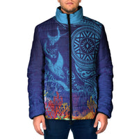 Fijian Tribal Manta Ray Padded Jacket Masi Motif with Coral Reef Ocean Vibe LT03 Men Blue - Polynesian Pride