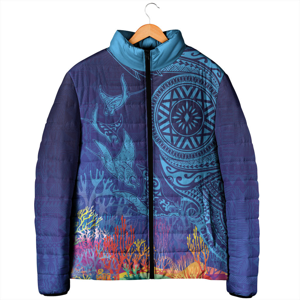 Fijian Tribal Manta Ray Padded Jacket Masi Motif with Coral Reef Ocean Vibe LT03 - Polynesian Pride