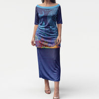 Fijian Tribal Manta Ray Puletasi Masi Motif with Coral Reef Ocean Vibe LT03 Long Dress Blue - Polynesian Pride