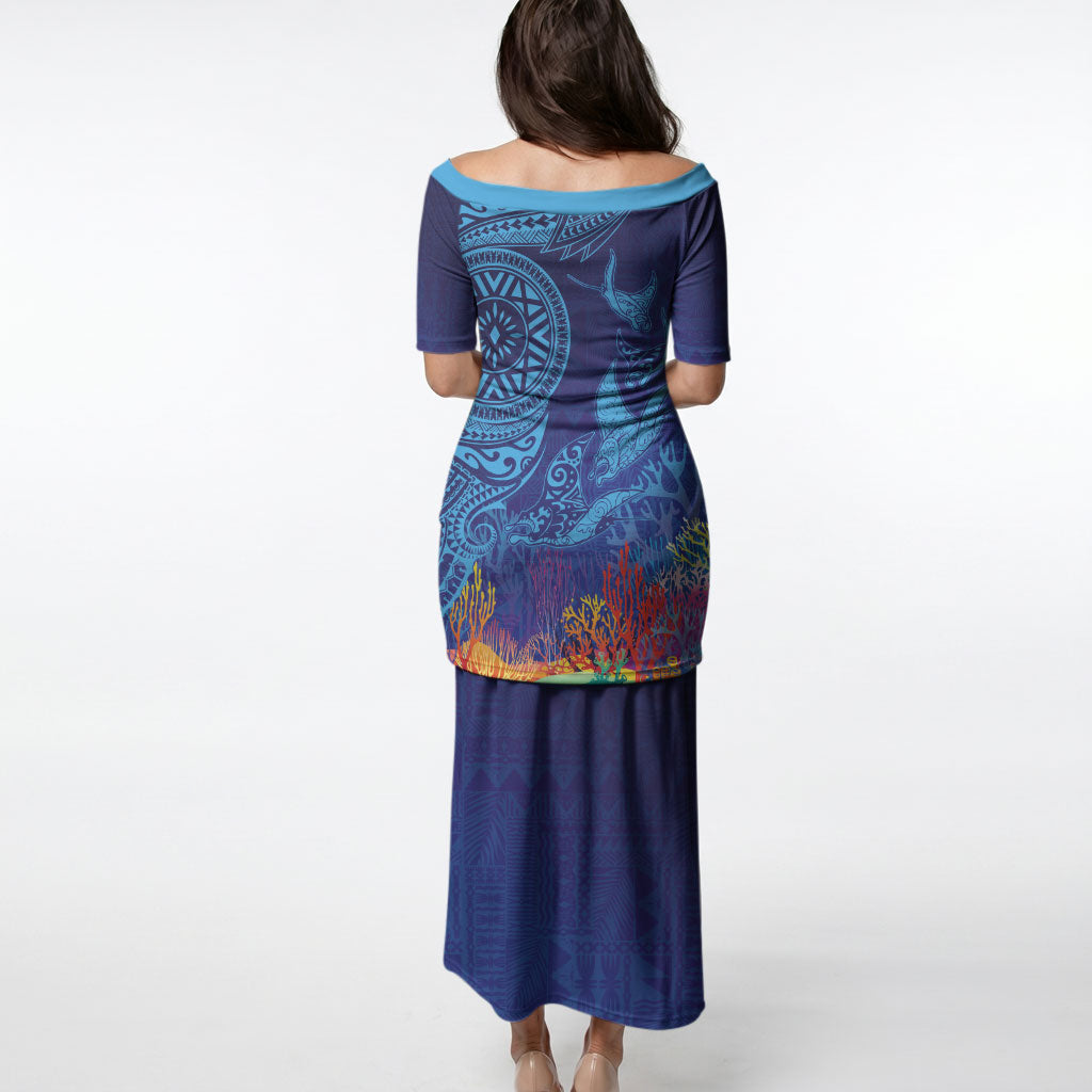 Fijian Tribal Manta Ray Puletasi Masi Motif with Coral Reef Ocean Vibe LT03 - Polynesian Pride